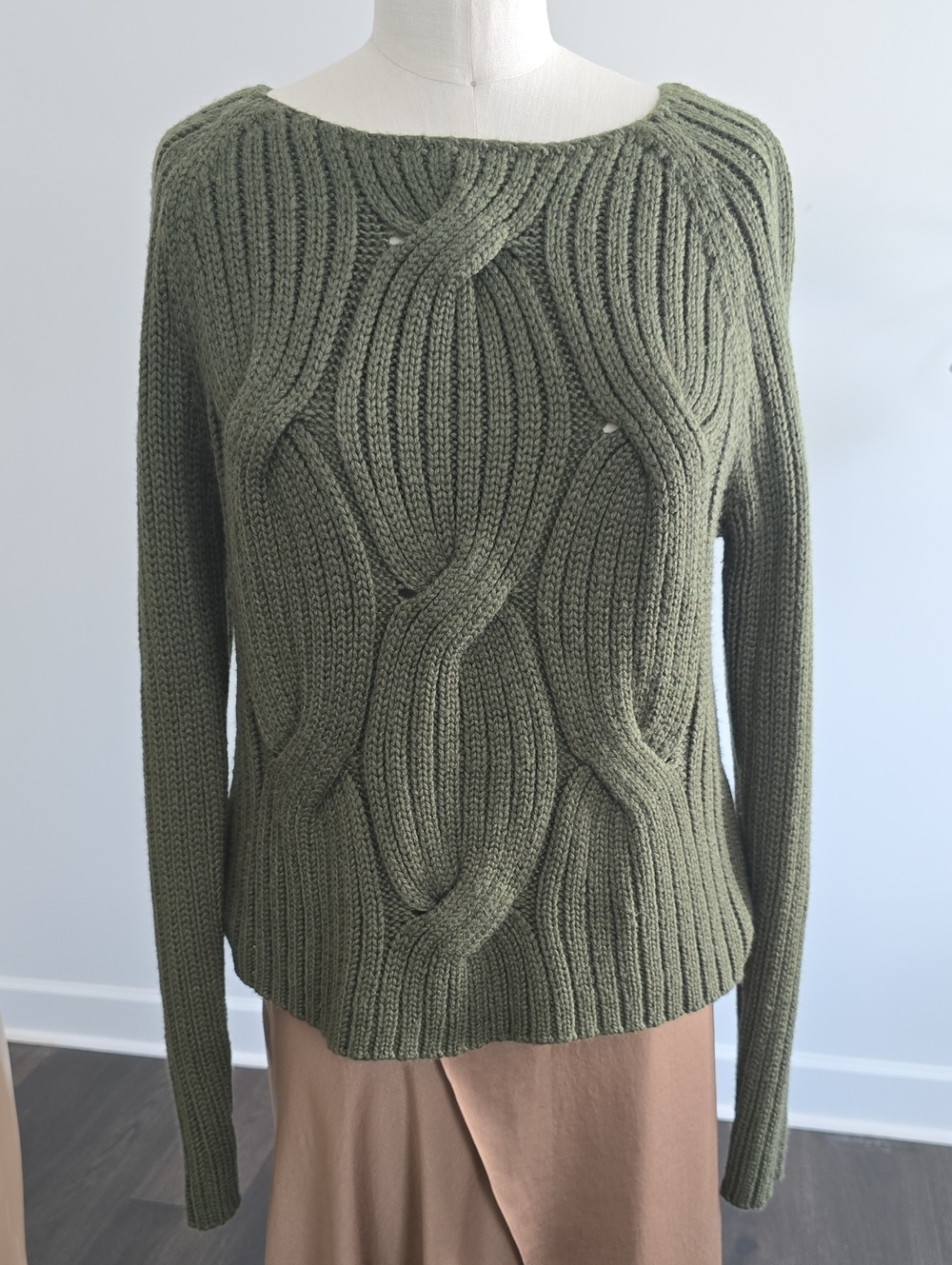 Olive Green Cable Knit Scoop Neck Sweater